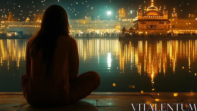Solitary figure facing illuminated temple across water at night.