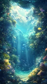 Sunlit coral canyon opening into a tranquil ocean sky.