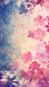 Vintage Floral Gradient with Pink Blossoms and Blue Texture.