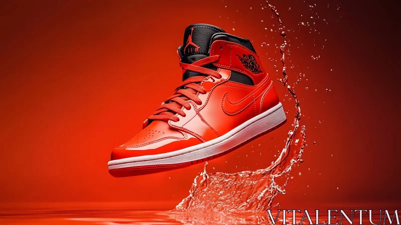 Hydrophobic crimson sneaker in dynamic splash capture.