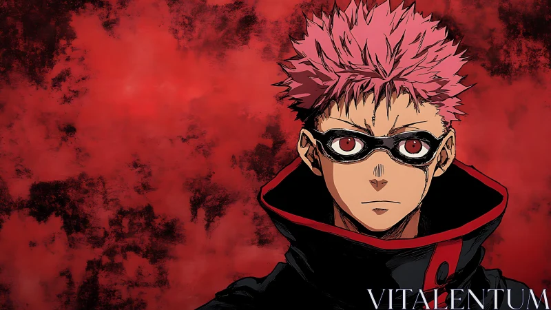 Fierce masked anime hero stands tall against burning red storm