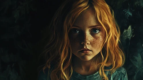 Contemplative Girl With Freckles: Dark Atmospheric Portrait Study.