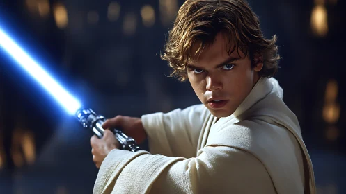 Photorealistic Jedi portrait with dynamic blue lightsaber focus.