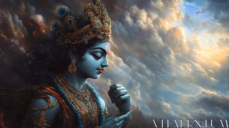 Side-profile deity figure is rendered before dense cloudscape