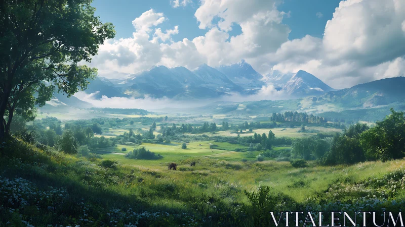 Sunlit alpine valley opens toward distant snowcapped peaks