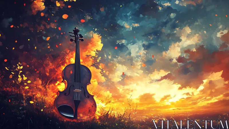 Violin positioned in field under dense, vivid sunset sky.