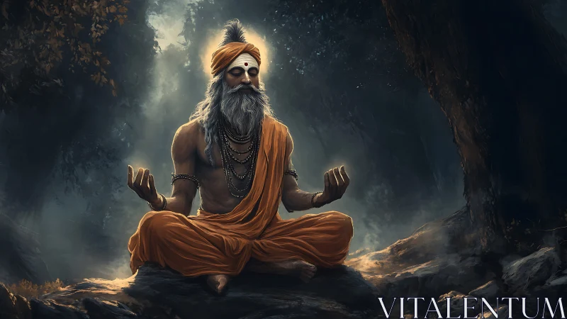 Forest sage in burning-orange robes channels silent thunder.