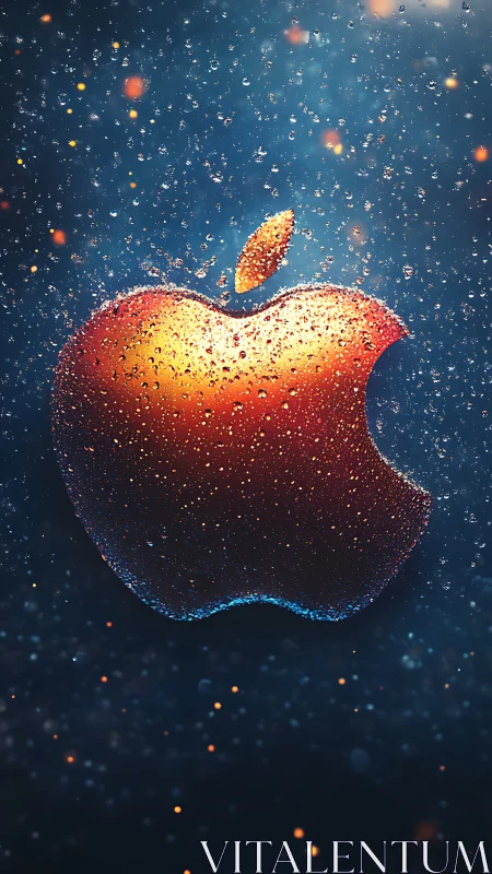 Luminous droplet-covered apple icon in cosmic blue field.