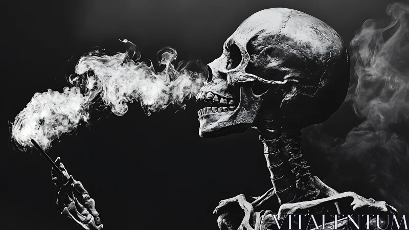 Skeleton with drifting smoke in stark monochrome portrait.