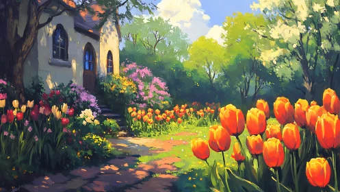 Sunlit tulip garden borders a cottage under vibrant foliage
