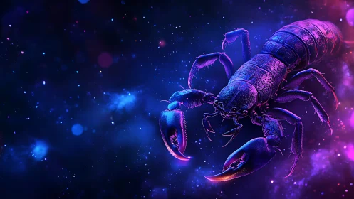 Neon cosmic scorpion drifts through ultraviolet starlit void.
