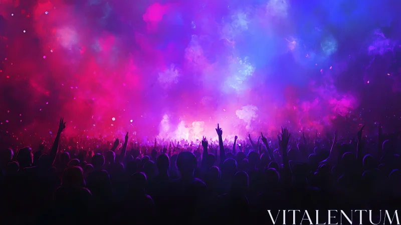 Dense concert crowd under magenta cyan volumetric stage haze