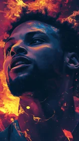 Portrait of a radiant dreamer rising through molten flames.