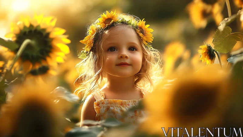 Golden Hour Portrait: Child with Sunflower Crown.