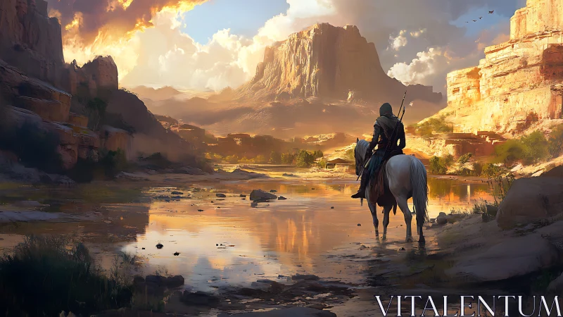 Lone rider crossing sunset river beneath vast desert cliffs.