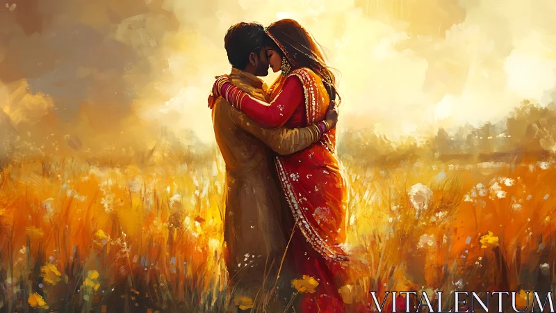 Two figures in traditional attire embrace in golden flowering field