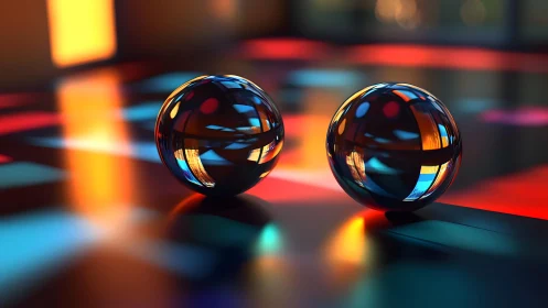 Chromatic glass spheres reflect abstract luminous color fields