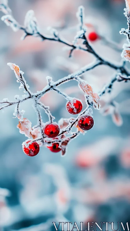 Frosted red berries glow softly against a cool winter blur.