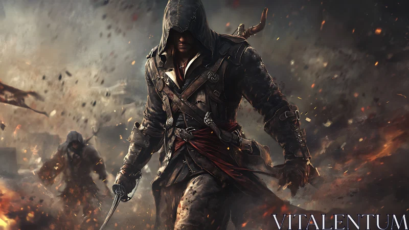 Hooded rogue strides through battlefield smoke with directional embers