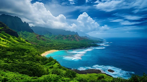 Coastal mountain terrain with vegetation and turquoise water formations
