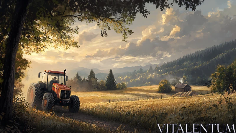 Red tractor drives along rural field road at golden sunset.
