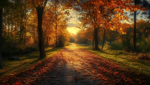 Backlit autumn forest path with golden hour rim lighting details.