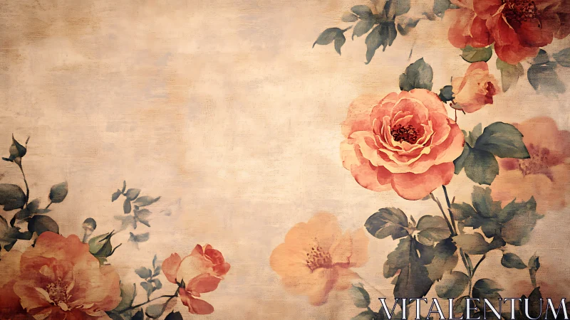 Soft vintage roses bloom gracefully on textured canvas