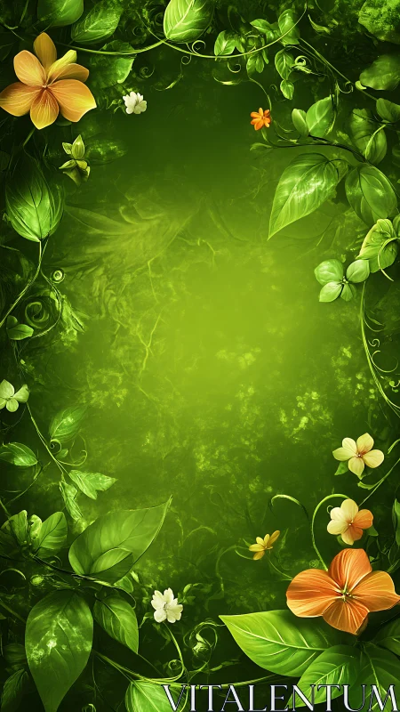 Green floral frame with tropical leaves and blossoms.