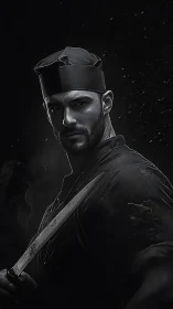 Brooding chef portrait holding knife in dramatic light.