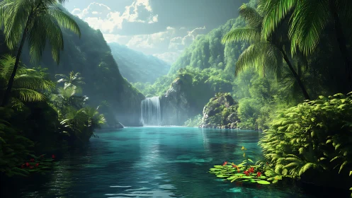 Tropical waterfall lagoon under luminous jungle canopy.