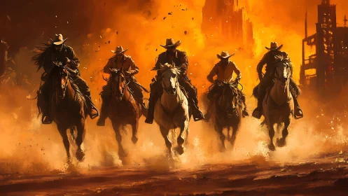 Cowboy riders charge through blazing industrial wasteland