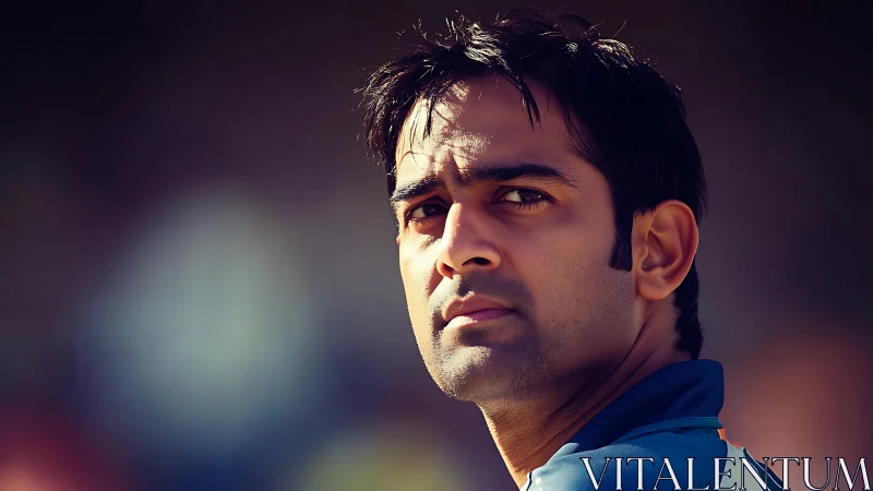 Focused athlete gazes back under warm stadium light.