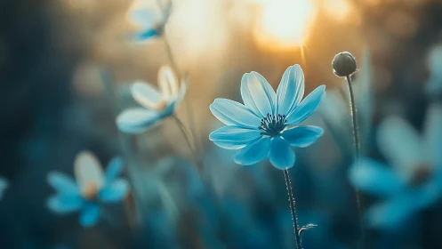 Blue Cosmos Flowers Bloom in Golden Sunlight