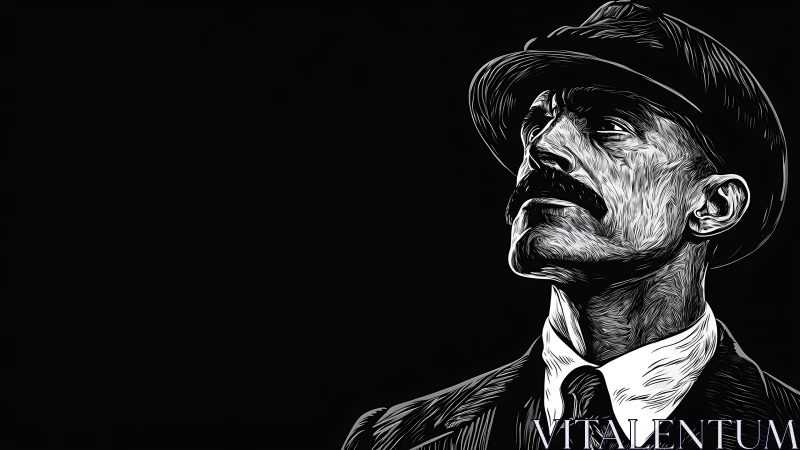 Confident gentleman in vintage hat gazes into bold darkness.