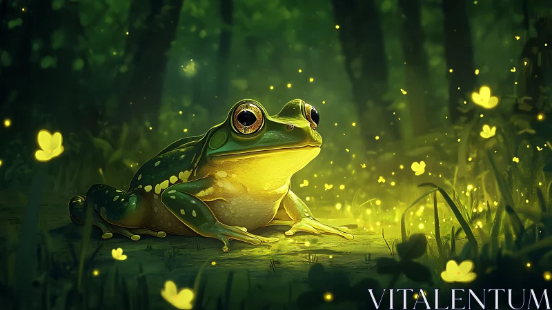 Luminous forest frog rests amid glowing firefly haze.