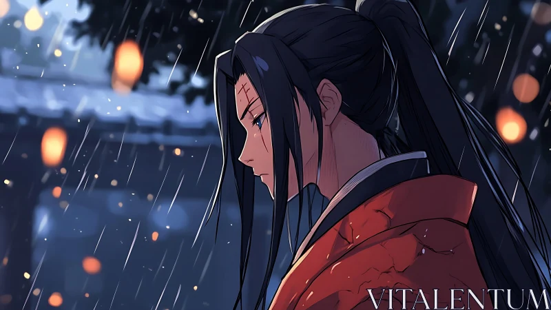 Solitary anime swordsman in rainlit courtyard with lantern bokeh