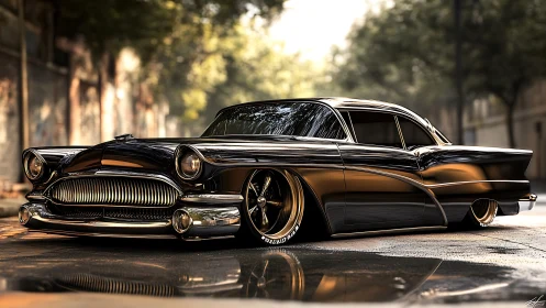 Low-slung black classic custom coupe reflects urban street