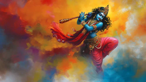 Divine Krishna in motion within saturated chromatic clouds.