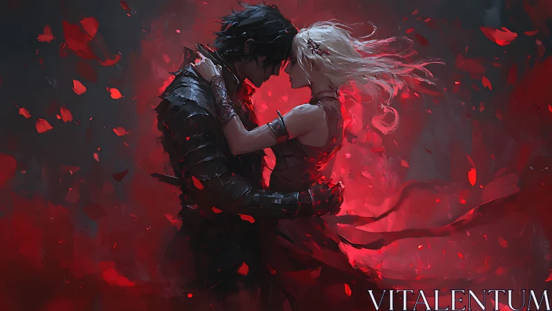 Dark Warrior Embraces White-Haired Woman in Crimson Firestorm.