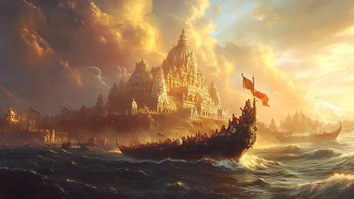 Sunlit temple citadel greets triumphant returning war fleet.