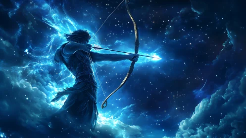 Starforged archer pulls a luminous arrow across the night