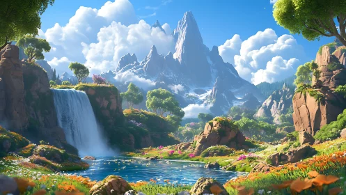 Procedural alpine valley with cascade, florals, and glacial spire.