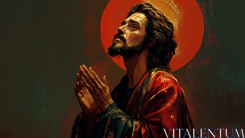 Digital painting of praying saint with radiant halo emphasis.