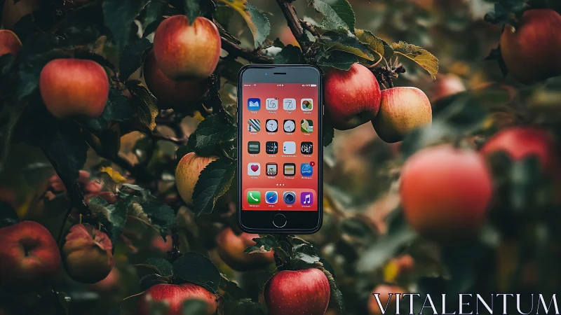 Digital Device Nestled Among Fruit-Bearing Branches.