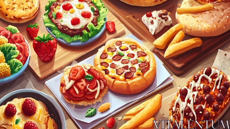 Playful snack table filled with colorful mini pizzas and treats.
