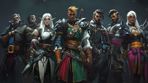 Fantasy adventuring party lined in heroic, dramatic formation.