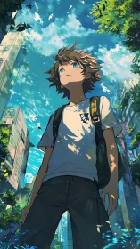 Upward gazing youth anchors a sunlit urban canyon composition