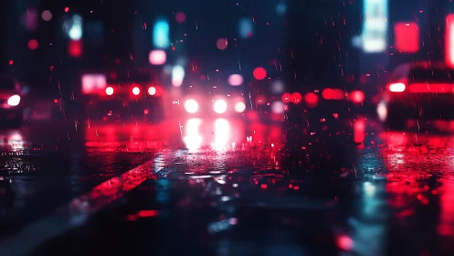 Neon-soaked city street in rain with cinematic bokeh glow.
