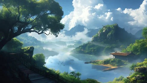 Digital landscape shows misty river valley with temple pavilion