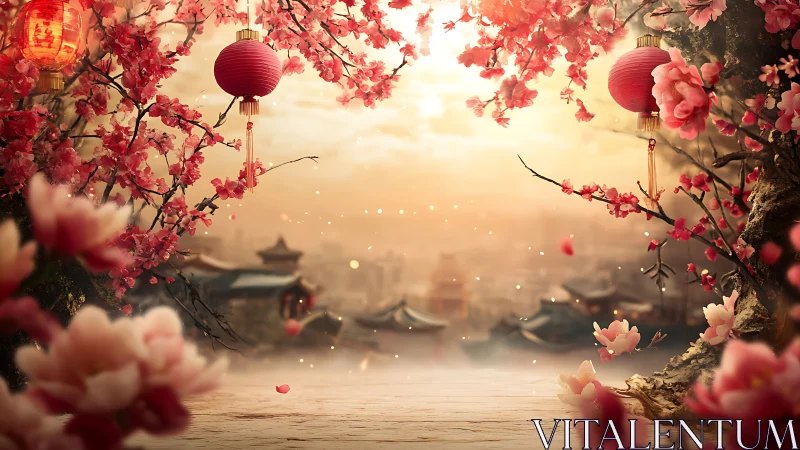 Cherry blossoms and lanterns frame hazy traditional town.